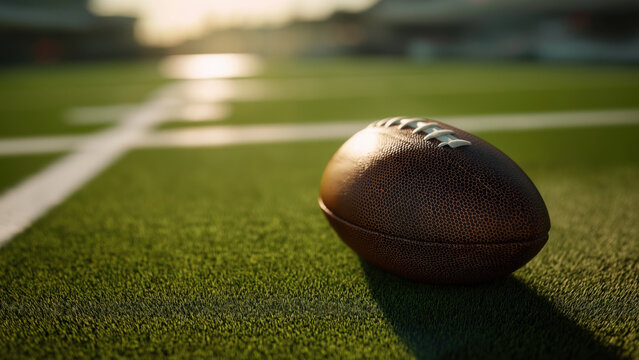 Football rests on a green turf field at sunset, created AI