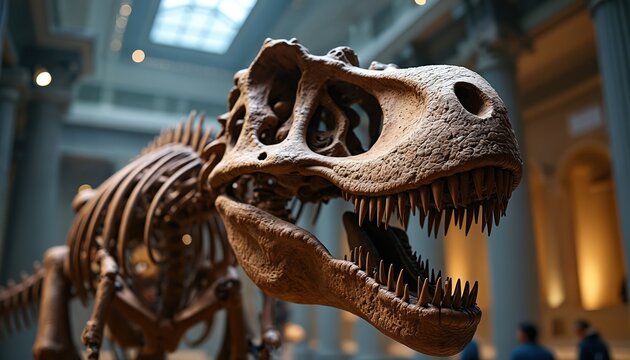 Tyrannosaurus rex skeleton displayed indoors. Ancient reptile bones are arranged for public viewing in a science museum hall. Fossilized creature stands ready for discovery. - Powered by Adobe