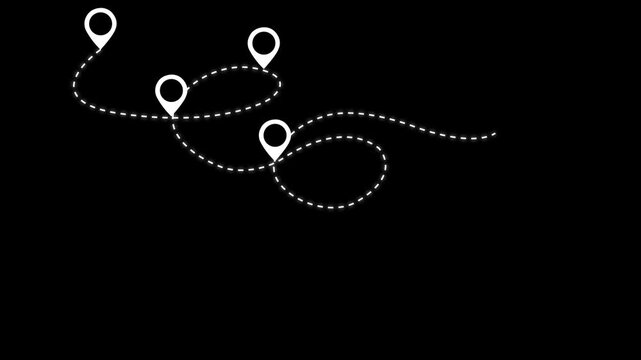 route path icon is a dotted line. A route with a starting point of departure and intermediate stops.Airplane fly on dash line path bottom left. Dashed .