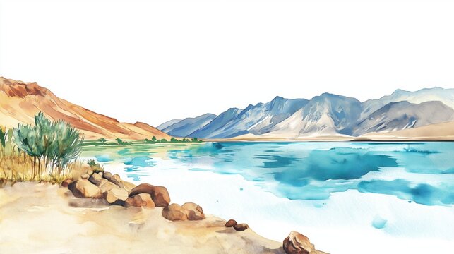 Lake Assal. Lake Assal hand drawn watercolor illustration on white background