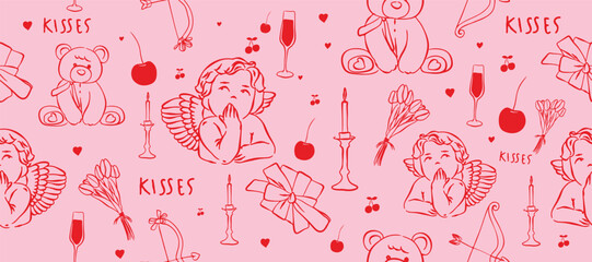Hand drawn Valentines vintage doodles with Cute elements set. Red and pink romantic vintage illustration ribbon , heart and doll vector