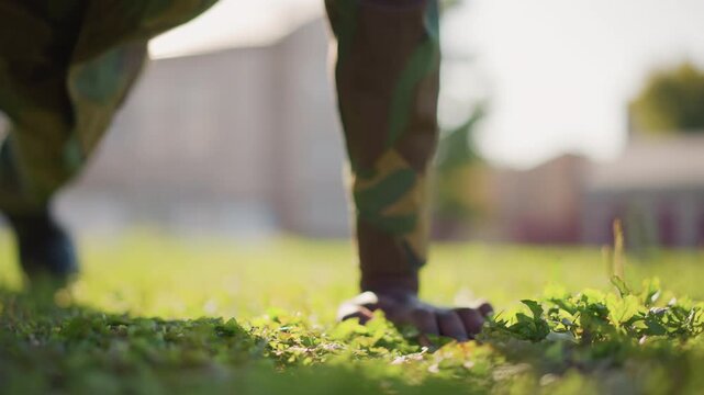 Athlete Recharges After Rigorous Practice, Person Pauses On Ground After Demanding Physical Training Session, Young Trainee Takes Break On Greenery Following Intense Exercise Routine And Sunlight