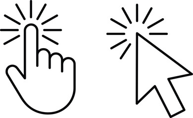 Click Pointer Icons Set, Showing Hand Cursor and Arrow Mouse Pointer with Sparkling Light Rays for Interface Design, Vector Graphic.