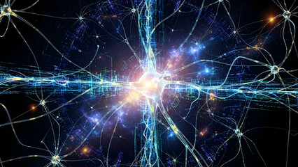 Vibrant neural network with glowing connections and nodes in space