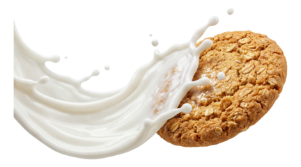 A white milk wave crashing against a crunchy oat biscuit.