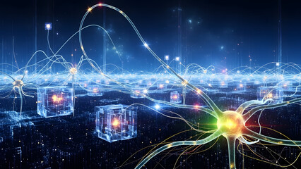 Vibrant neural network with glowing neurons and futuristic cubes in a dark digital landscape