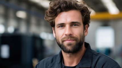 Faceless portrait of bearded man in workwear in workshop environment, professional craftsmanship and industrial work concept for promotional materials and profiles, defocused trade