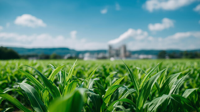 Large corn field grows under clear blue sky with industrial plant in background emitting minimal smoke, agricultural landscape with factory, crop cultivation near manufacturing, wi