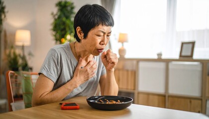 食事中にせき込む高齢女性/誤嚥性肺炎1