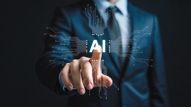 Businessman interacting with artificial intelligence interface - Powered by Adobe