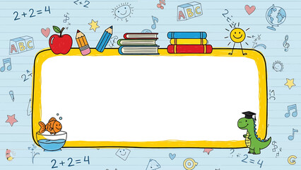 Whimsical school-themed border frame with playful educational elements for children's learning and back to school designs, featuring a central text area
