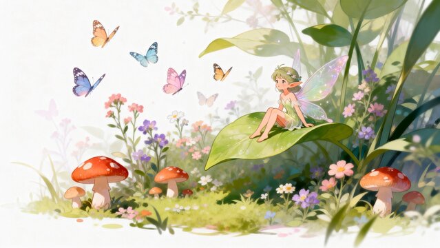 Fairy on leaf surrounded by butterflies