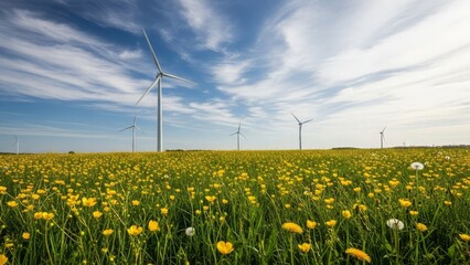 Wind turbines generating clean energy in a vibrant yellow flower field