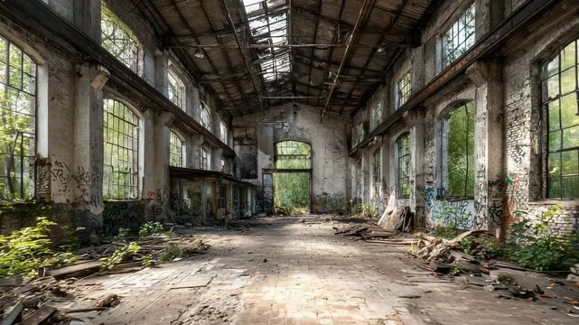 Abandoned industrial building with broken roof, graffiti walls, and overgrown plants in empty factory