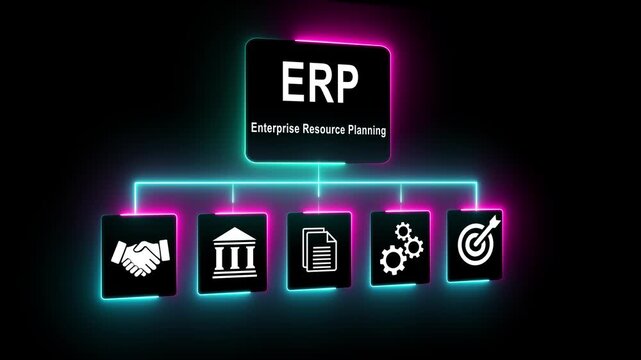 ERP system concept with icons for finance, operations, logistics, HR, and software illustrating core enterprise planning functions. Idea of ERP. Motion graphics of enterprise resource planning
