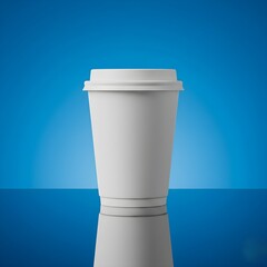 White Coffee Cup with Lid on Blue Background Reflection
