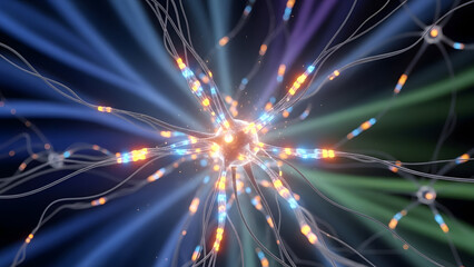 Vibrant neuron network with glowing connections in dark background