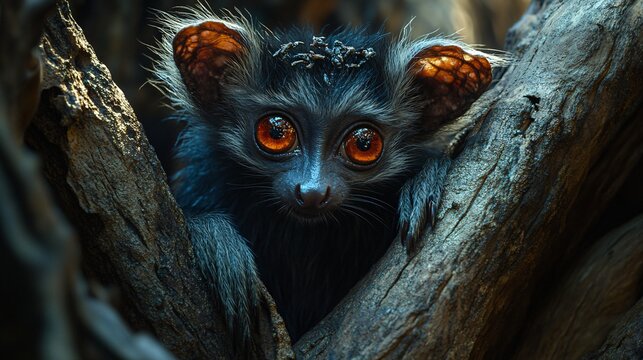 A captivating close-up reveals an aye-aye diligently foraging for insects within the towering heights of a tree, showcasing its unique adaptation and natural behavior in its habitat.