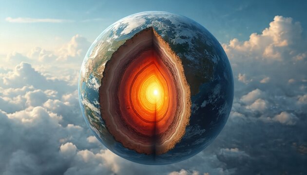 Cross section of planet Earth shows internal structure. Layers from crust to core are visible. Globe appears in sky above clouds, sun shines bright inside.