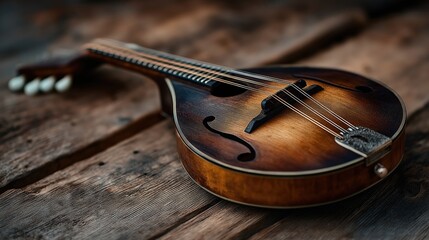 Obraz premium Vintage Mandolin On Rustic Wooden Table