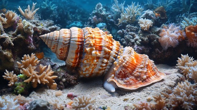 A cone snail resting on the ocean floor, showcasing its detailed shell, surrounded by colorful coral formations. The image highlights the beauty of marine life and underwater ecosystems.