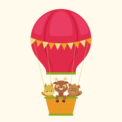Cute hot air balloon animals illustration with bear deer and bunny flying in colorful air balloon cartoon style nursery art kids illustration