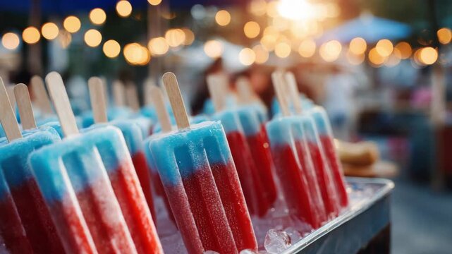 Red White and Blue Popsicles Displayed on Ice at a Summer Festival with Bokeh Lights Backdrop