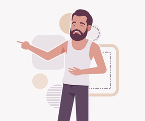 Middle aged man in home casual relaxed wear finger point. Bearded guy sleeveless wifebeater undershirt, comfy lounge pajama jogger pants, vector flat style cartoon illustration, creative background