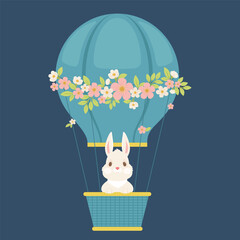 Cute hot air balloon bunny illustration with floral air balloon, pastel cartoon rabbit for nursery and kids room decor