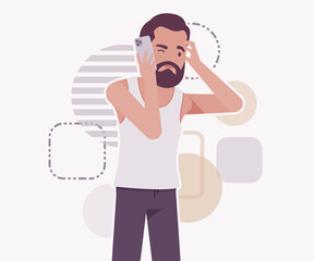 Middle aged man in home casual wear phone call pose. Bearded guy sleeveless white wifebeater undershirt, comfy lounge pajama jogger pants, vector flat style cartoon illustration, creative background