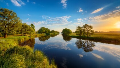 calm river with reflections of trees and a blue sky with scattered clouds during golden hour in a peaceful countryside landscape