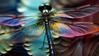 close up of iridescent dragonfly wings showcasing intricate vein patterns and vibrant colors