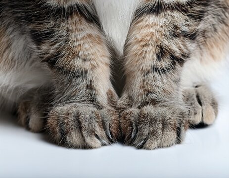 close up of cat paws on white background