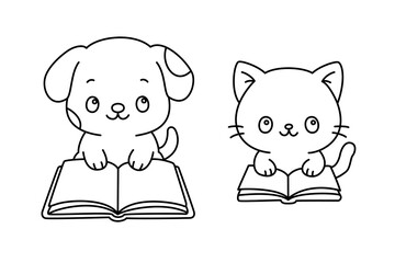 Cute animals coloring page with puppy and kitten reading books, simple cartoon line art illustration for kids coloring activities