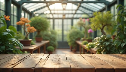Empty wooden table in greenhouse with various potted exotic plants and bonsai trees. Natural light streams through glass roof illuminating lush greenery and flowers. A serene indoor garden.