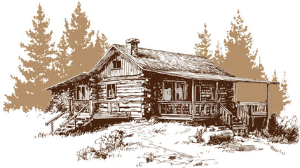 Cozy Log Cabin in the Woods Vector Illustration with Outline Isolated