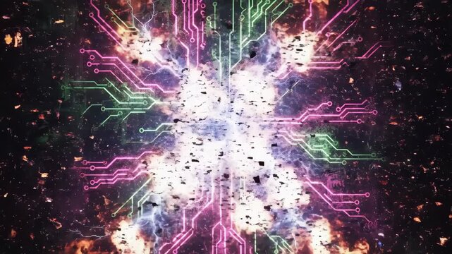Abstract Electric Circuit Overload with Red Warning Glitch Vertical