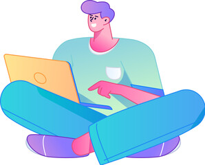 Vector flat gradient illustration of a person working on a computer while working remotely.
