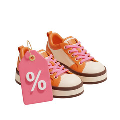 Orange and white sneakers with pink laces and discount tag isolated on transparent background