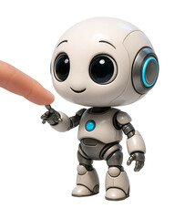 Cute 3D robot touching human finger isolated on transparent background. Concept of connection, curiosity, and friendship between man and artificial intelligence.