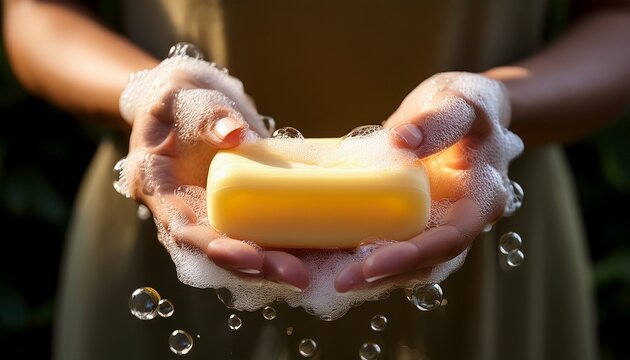 hands gently holding a bubbly light yellow soap bar creating rich lather