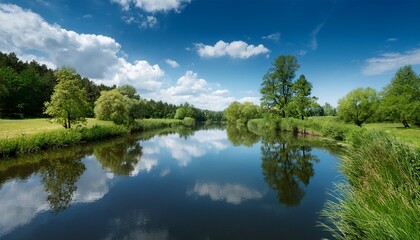 Obraz premium peaceful landscape of a calm river surrounded by green trees and grass under a clear blue sky with soft clouds reflecting on the water
