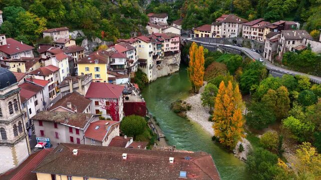 drone shot of Pont-en-Royans, a charming historic French village in Vercors Regional Nature Park, Rhone Alps, France, tourism in France