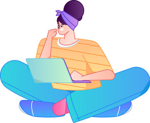 Vector flat gradient illustration of a person working on a computer while working remotely.
