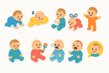 Baby activities flat icon set. Cute infants play, nap, and crawl icons collection