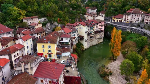 historic small town of Pont-en-Royans in France, aerial video of French village in Vercors Regional Nature Park, Rhone Alps, tourism in France
