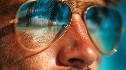 Close-up portrait of man wearing glasses with ocean and palm reflections, expressing calm summer atmosphere.
