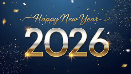 A festive blue background with golden confetti and fireworks, featuring "Happy New Year 2026" in elegant gold script and shimmering metallic numbers.