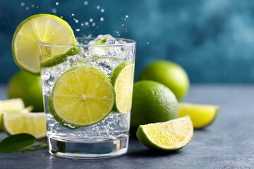 Carbonated water with lime slices, ice, and splash