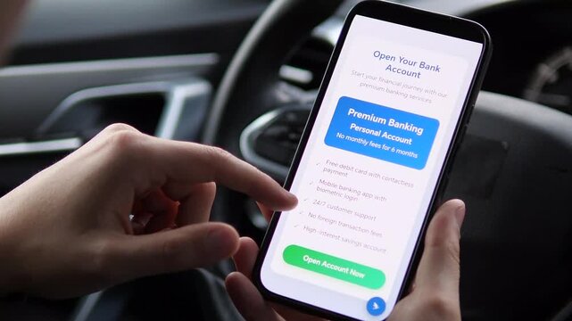 A man uses his smartphone to read about the conditions of opening and servicing a bank account. The shot, taken from inside a parked vehicle, emphasizes the convenience of and accessing banking